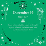 Green calendar page with celestial designs and text on December 14th.