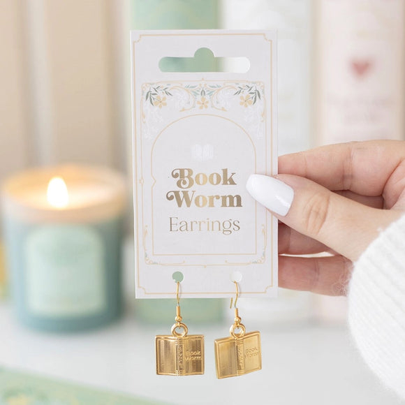 Gold Book Worm Dangle Earrings - Book Lovers Collection