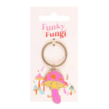 Colorful mushroom-shaped keychain on a 'Funky Fungi' branded card.