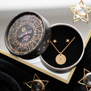 Celestial Jewellery Gift Set – Starburst Earrings & Astrology Wheel Necklace