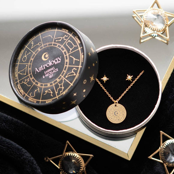 Celestial Jewellery Gift Set – Starburst Earrings & Astrology Wheel Necklace
