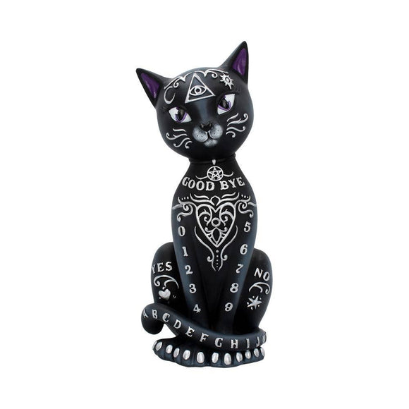 Black cat figurine with white designs and symbols on a white background