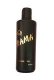Black bottle of Kama shower gel on a light gray background