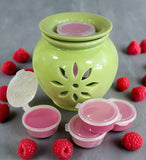 Soy wax pot melts next to a green oil burner
