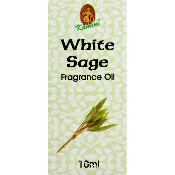 A 10ml bottle of Kamini White Sage Fragrance Oil with an image of a white sage leaf on the label.