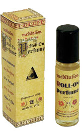 A bottle of Meditation Range Roll-On Perfume Oil next to its packaging box.