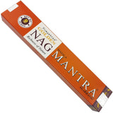 Packaging of GOLDEN NAG Mantra Incense Sticks featuring orange and gold colors with product name and branding.