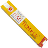 Packaging of GOLDEN NAG temple incense sticks featuring yellow color with text and branding.
